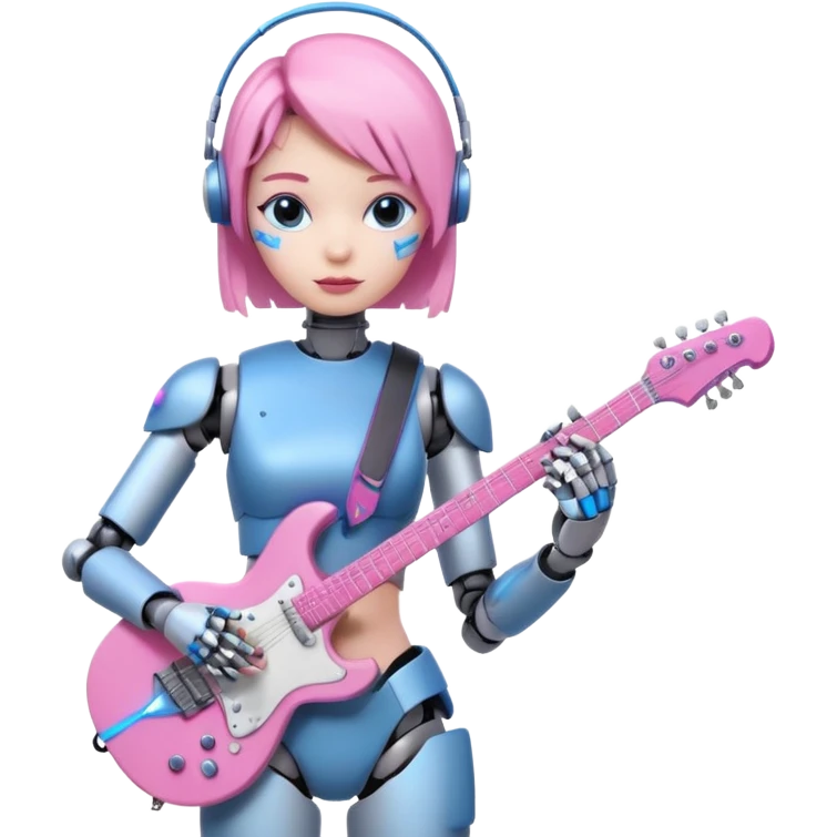 a cyper robot carry her note and electric guitar and try to change the world with pink and bluecolor emoji