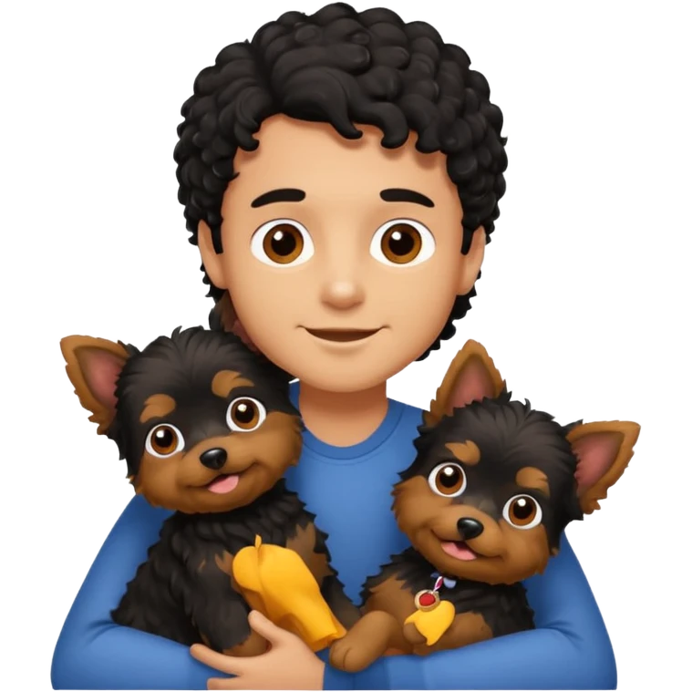 Young man with little brown skin, black curly hair, cheerful dark brown eyes, hugging two Yorkie dogs long hair emoji
