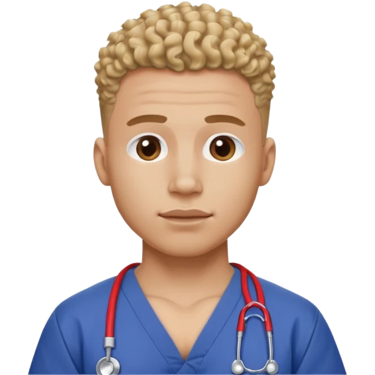 Ripped, athletic man with thick neck, high top fade with no part, curly hair only top only, no shirt and show waistline up add scrubs emoji