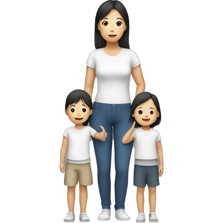 young asian mum holding two kids, standing  emoji