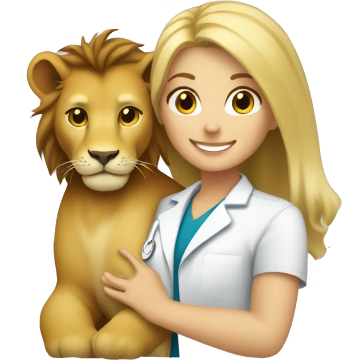 blonde hair smiling veterinarian girl cuddling a lion emoji