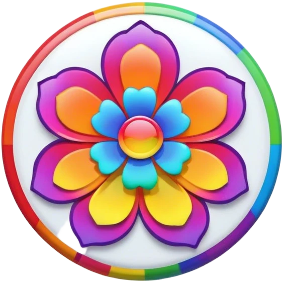A round psychedelic colored button with bezeled edges and a rainbow colored flower in the center emoji