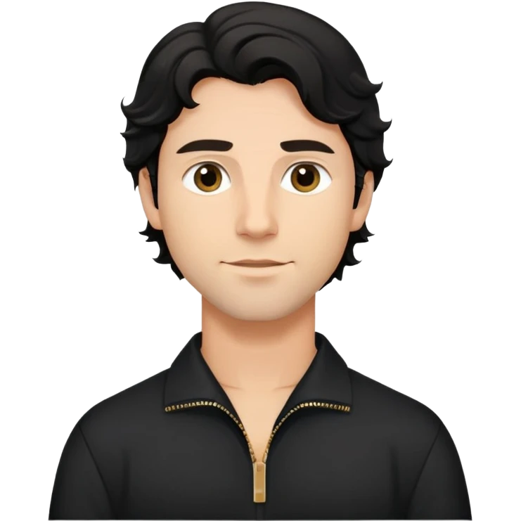 Caucasian man with black wavy hair wearing a loose-fitting long sleeve black shirt with collar and zip to the chest emoji