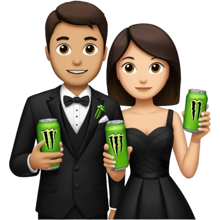 husband and wife at wedding holding monster energy drinks emoji