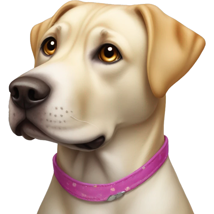 Una perrita labrador retriever mezclado con Pitbul con vestido emoji