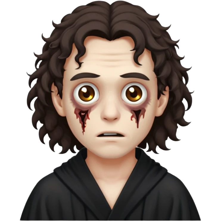 это должен быть юноша, одет в черную мантию, глаза цвета хамелион, но более коричневые, выглядит как зомби и еще длинные немножко кудрявые волосы темно коричневого цвета emoji