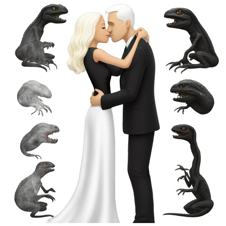 White man in black dress hugs and kissing Alien reptilian woman in white dress  emoji
