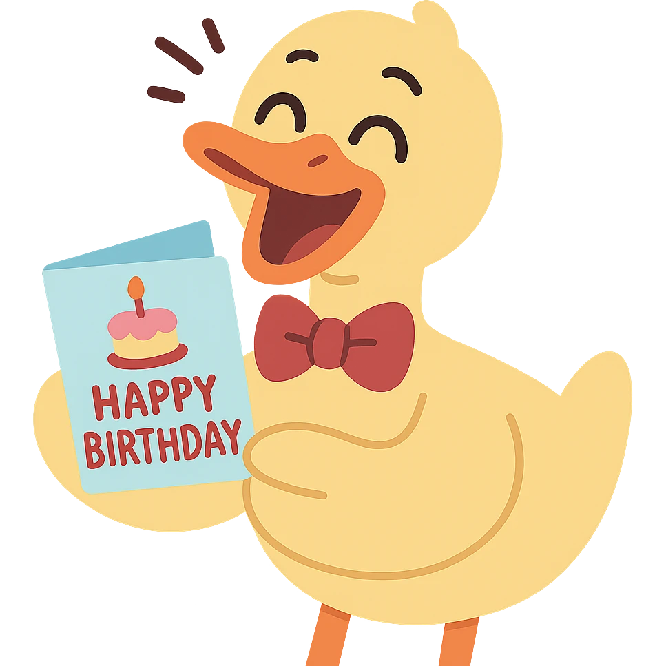 laughing duck with bowtie holding birthday card, flawless and visually perfect, no imperfections, pastel-toon style emoji