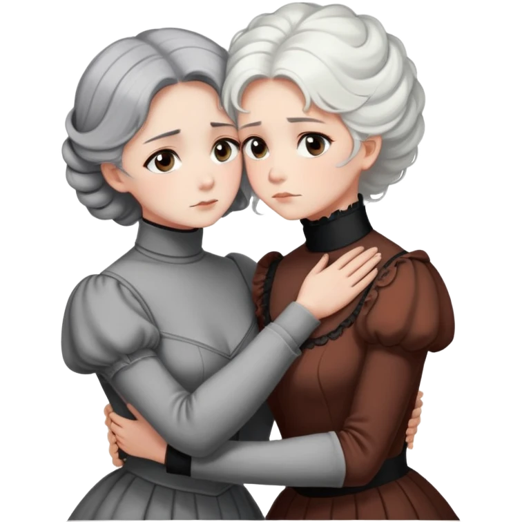 Two Victorian women with grey eyes in a sad, intimate hug. One has bright white coiffed hair, one has dark copper coiffed hair. Both wearing Victorian turtleneck dresses with arms tightly around each other. emoji