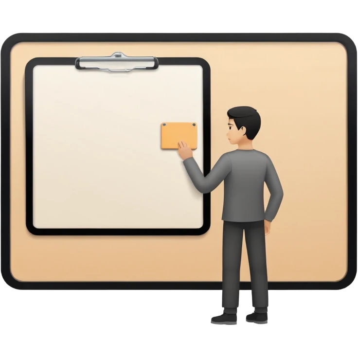 Minimalistic flat vector icon, iOS style, thin black contour on white background. Person silhouette with a project board (kanban/task board) behind. No text, no shadows.
 emoji