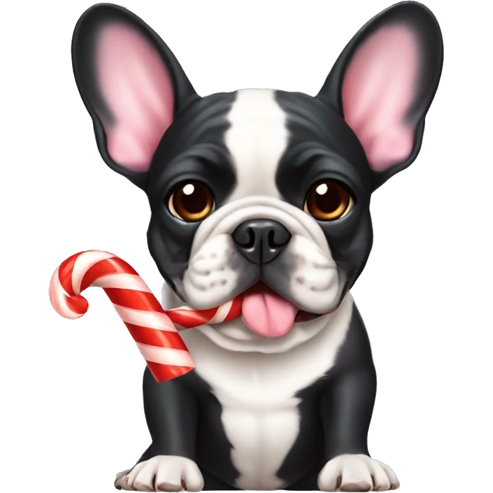 A french Bulldog With a candycane in ist moutch emoji