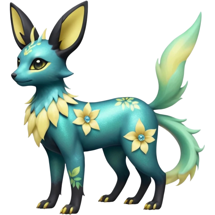 Multicolored sparkly light pale pastel whitish pretty cool elegant realistic flowery exotic Trico-Bolthund-Electrike-Luxray-Umbreon-Leafeon-hybrid, full body emoji