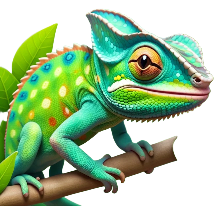 cinematic cute-smiling chameleon-realistic emoji,-blending-with-vibrant-greenery.-detailed-scales-in-shifting-colors,-showing-the-chameleon’s-ability-to-camouflage.-soft-natural-light-highlights-its-texture.-nature-background, zoomed into its face emoji