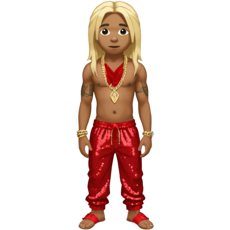 Lil Wayne with long blonde hair, red sequin baggy pants, shirtless with necklace emoji