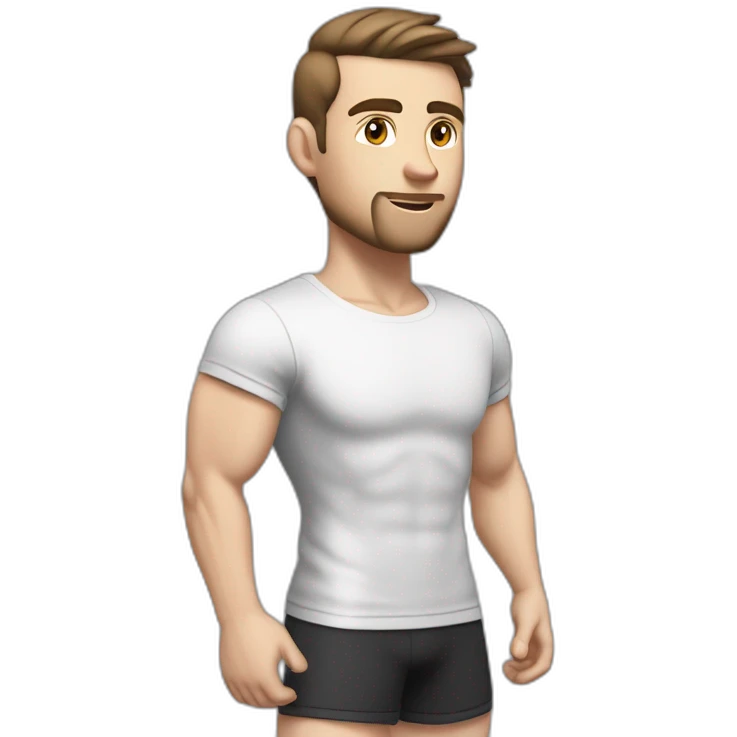 Pale skinned Fit Man With the biceps and dark brown hair in black shirt, gray sports shorts and white Sneakers His right hand touches his back of the head emoji