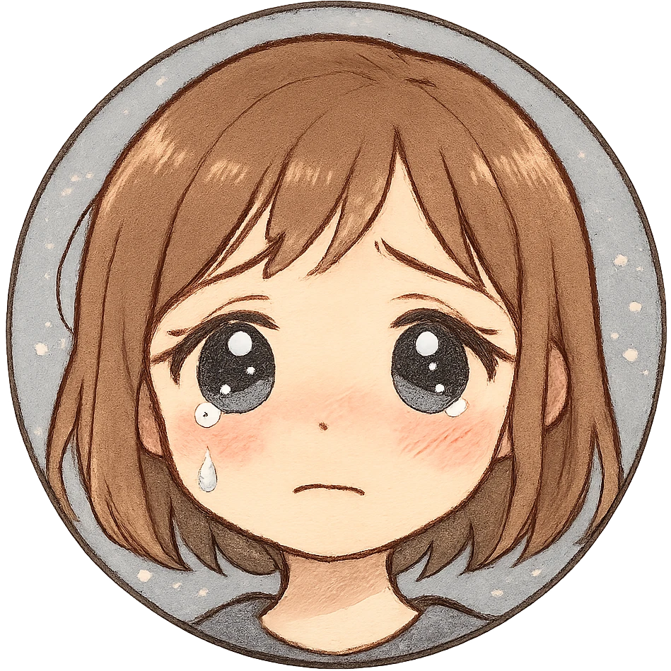 sad anime-style girl emoji, glossy teary eyes, one tear, blushing cheeks, pastel blue-gray sparkly background, soft, emotional, sensitive style emoji