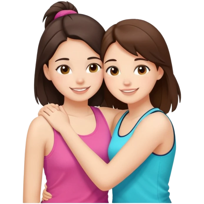 Two cute girl besties, one brunette, beautiful, hugging. Wearing different colored tank tops. They are average sized, they are super happy and are facing each other emoji