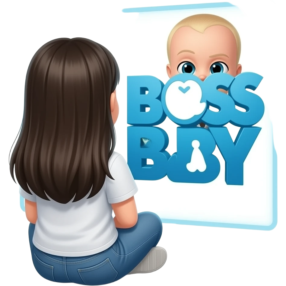 Emoji of a girl seen from behind, long straight black hair, sitting in front of a glowing screen showing the Boss Baby movie title card emoji
