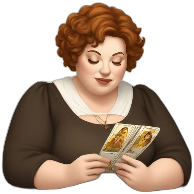 White big Woman, brown eyes, with short brown messy hair reading tarot card on a table emoji