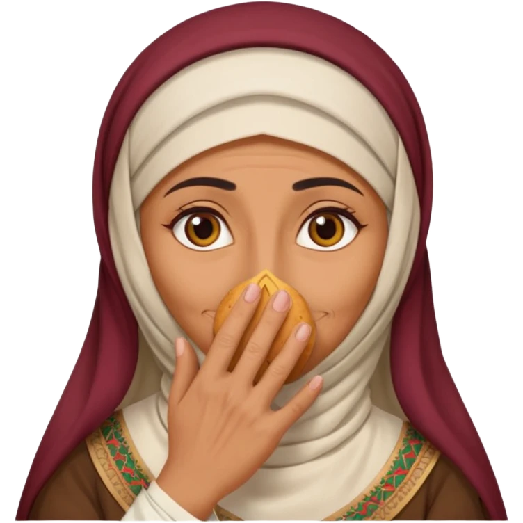 an old emirati women wearing traditional cloths covers her face with burg'a emoji