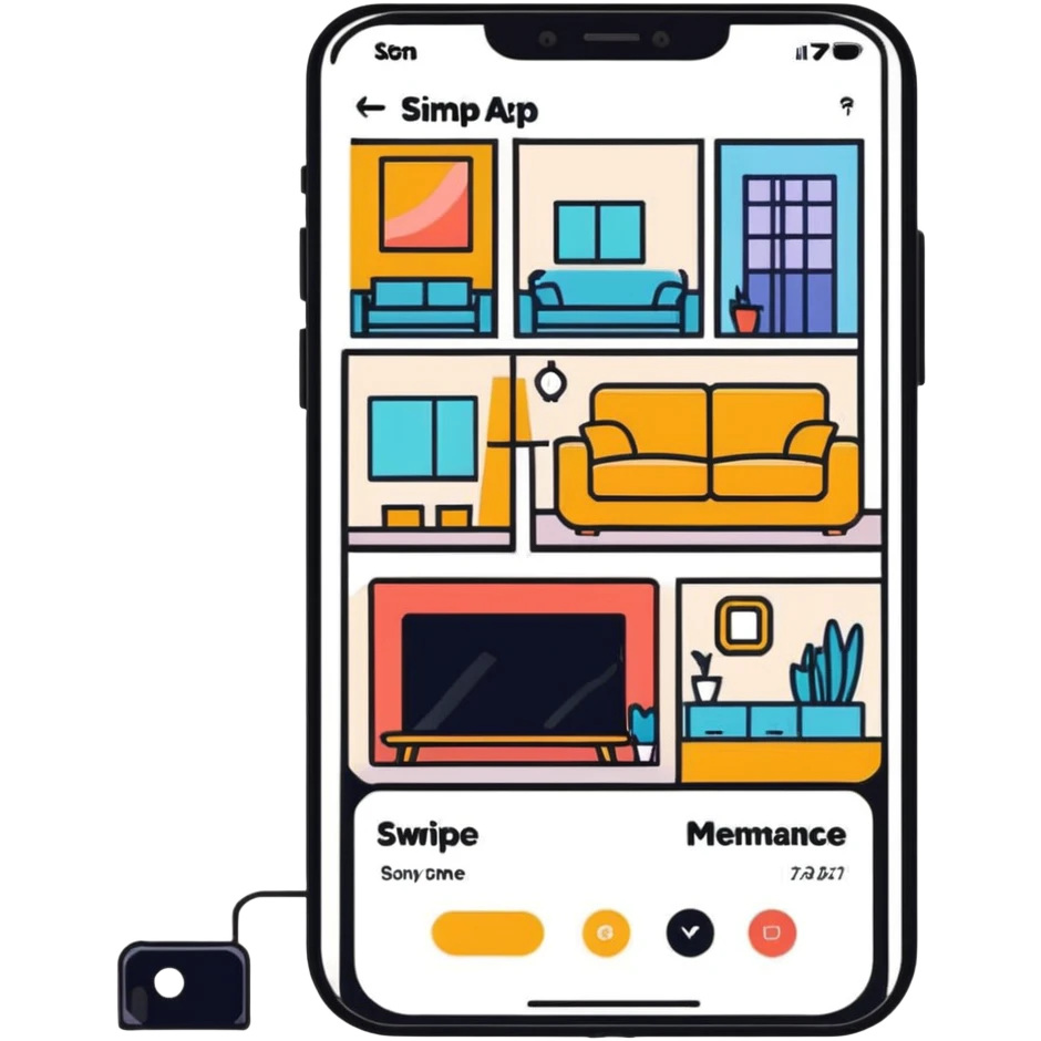 dating app swipe interface on phone but with living room designs instead of people profiles, with swipe left and right indicators emoji