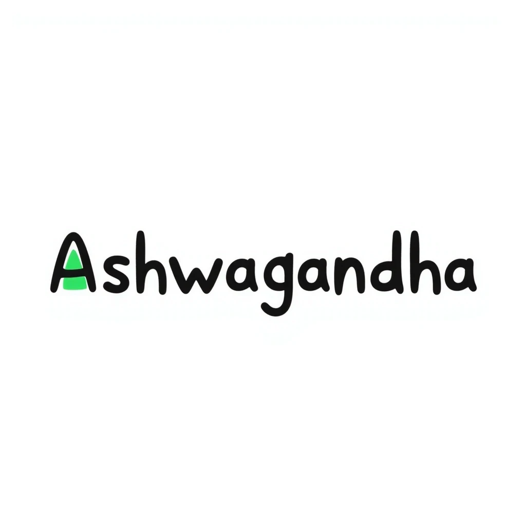 The word "Ashwagandha" written in a fun, playful hand-drawn style using just two or three colors. Simple doodle with minimal decoration. emoji