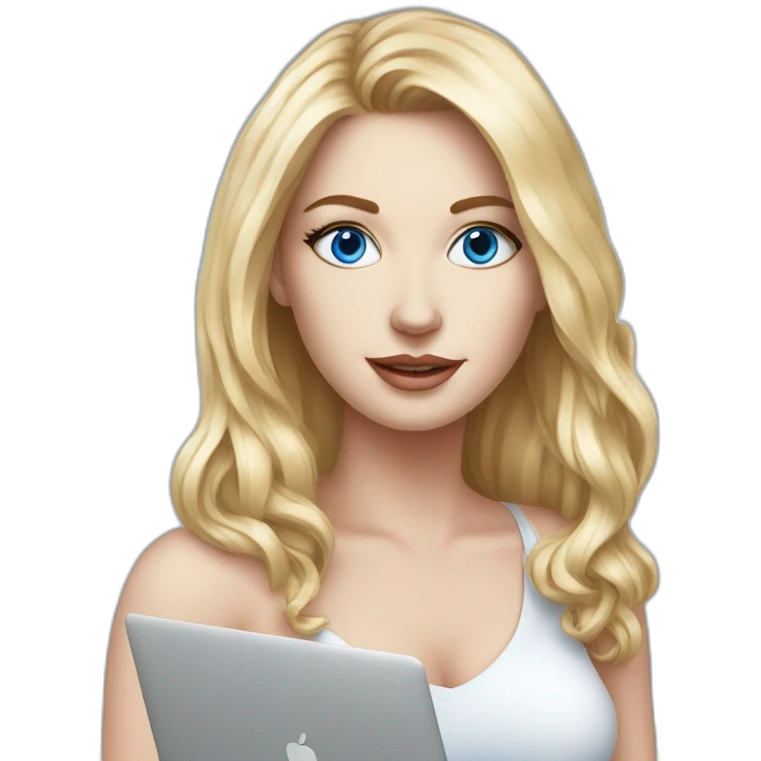 beautiful white woman with blue eyes and MacBook realistic drawing emoji