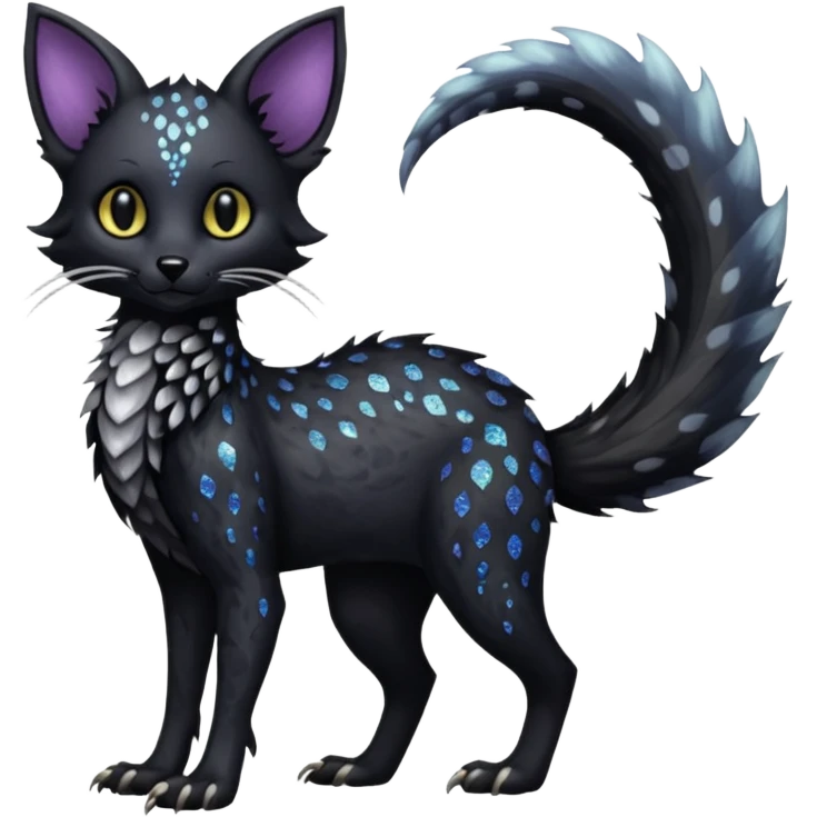 Feral Rare Fantasy Darkg gothic spooky  sparkly shiny Vernid-Trico-species by LiLaiRa, random markings, tufted tail, tufted ears, full body emoji