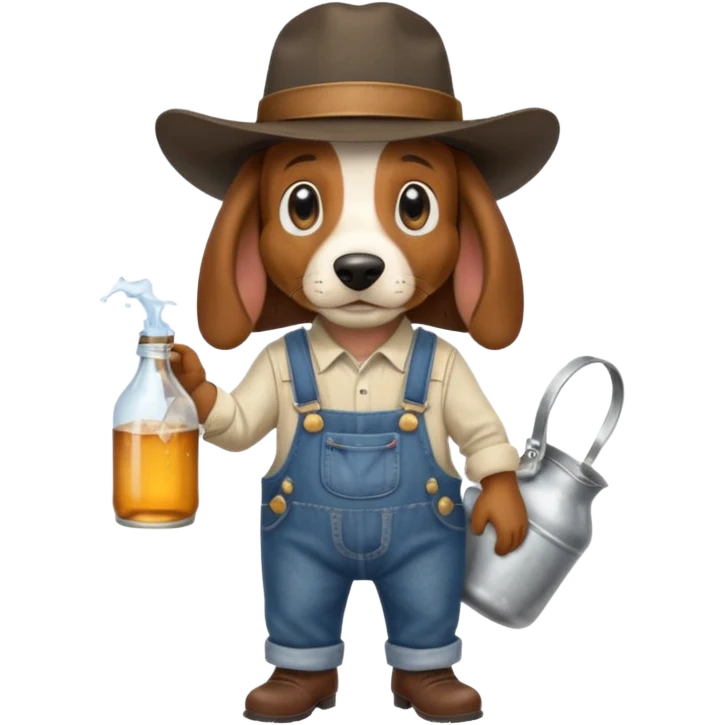 toothless hillbilly basset hound wearing a stetson and dungarees carrying moonshine emoji