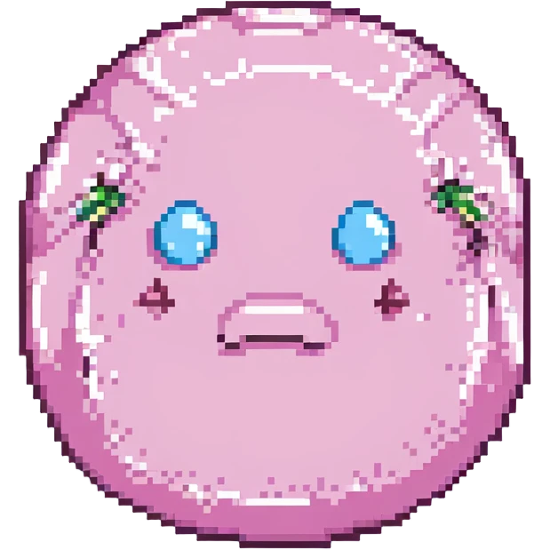 16-bit pixel art of a pink frowny face rounded blob emoji
