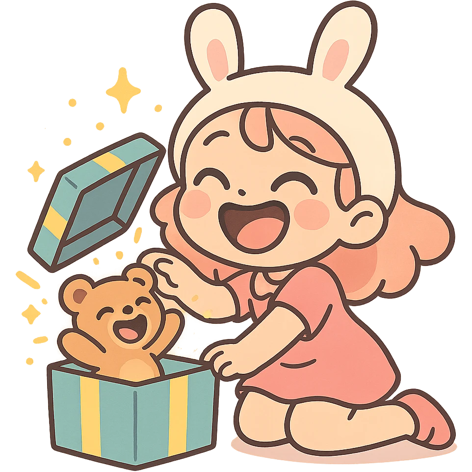 laughing chibi cute girl with a bunny hat unwrapping a magical glitter gift box with a small laughing teddy bear inside the gift box, full body, clean and polished, no imperfections, pastel-toon style emoji