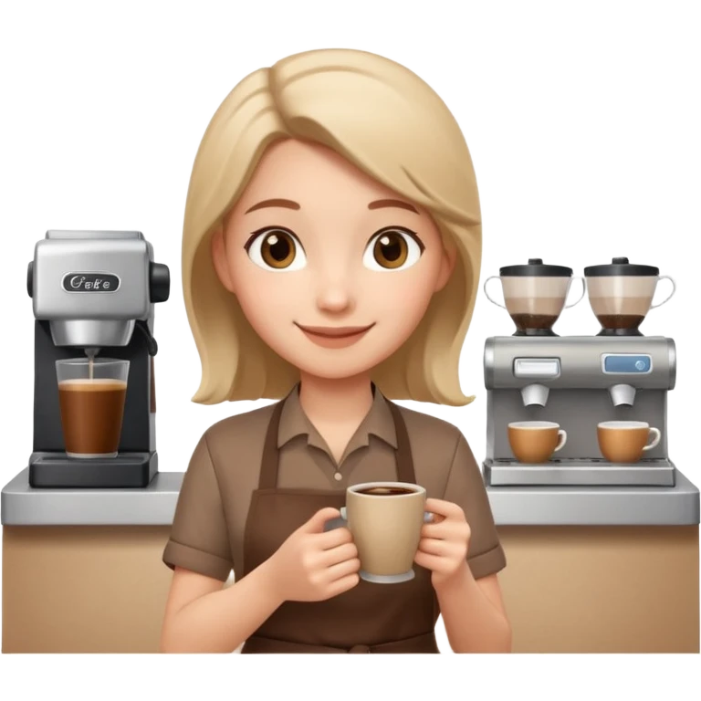 cute barista portrait, head and shoulders only, wearing apron, coffee shop uniform, friendly smile, holding a small coffee cup, 3D cartoon, mobile game icon style, clean background, no text, no watermark
 emoji