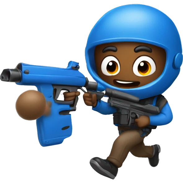 brown skin man running with paintball gun in hand wearing blue  emoji