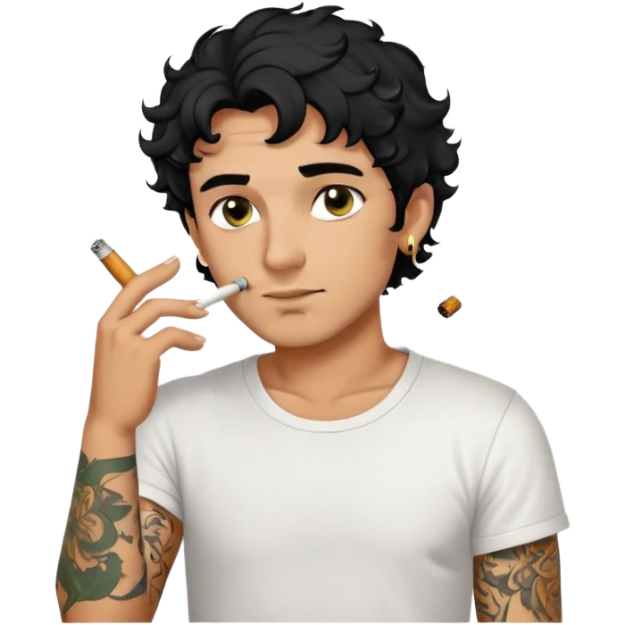 Italian man with tanned skin, curly black hair in short bob style, stubble, olive eyes, gold earring in left ear, white t-shirt, black tattoo on forearm, smoking cigarette emoji