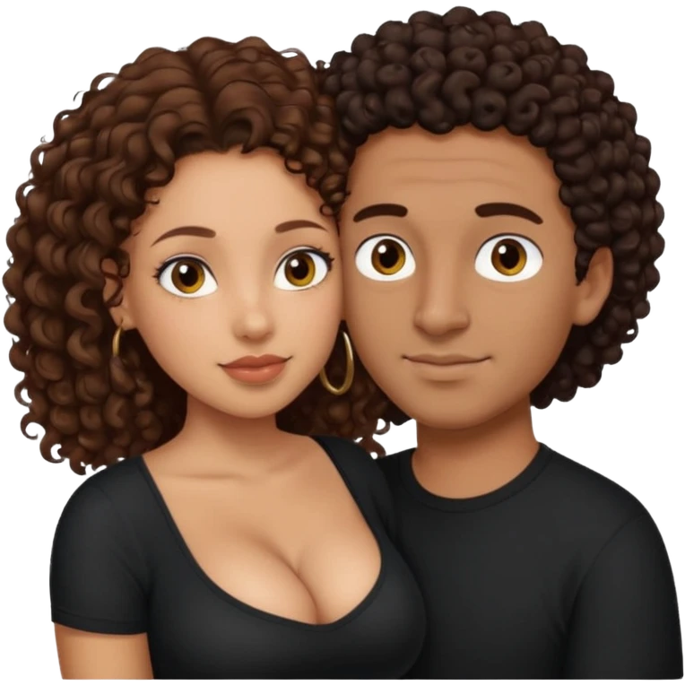 A mixed girl with small eyes, the girl is wearing a black shirt, the girl has brown curly hair and the girl has big boobs. A Mexican man is embracing her, with bald hair and clean shaven emoji