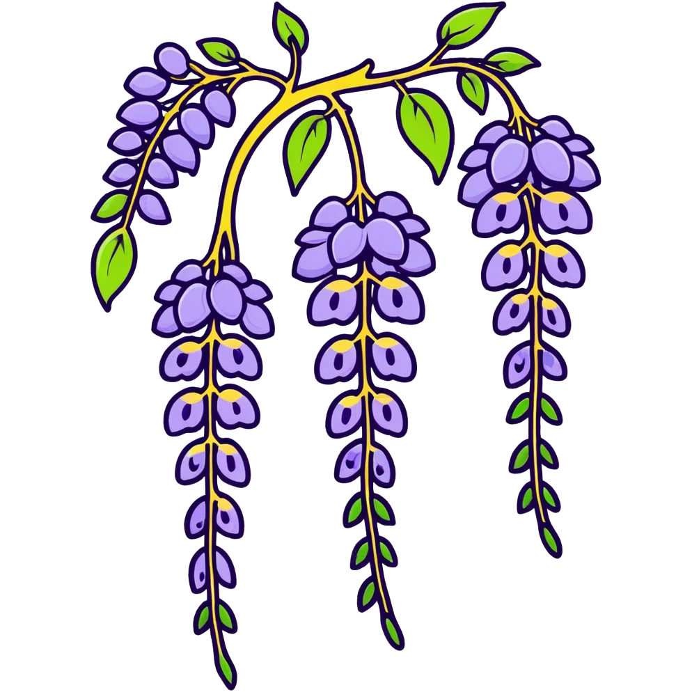 Decorative wisteria flower with elegant drooping clusters of purple blossoms and small bright green leaves emoji