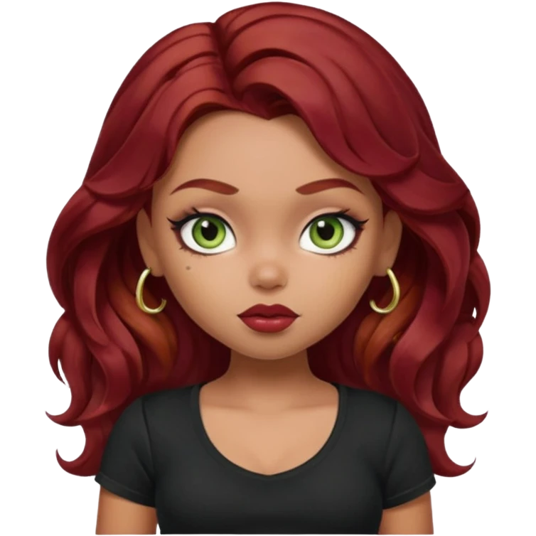a pretty fair bratz girl with wavy dark red hair, wearing a black tee. eyeliner on, olive green eyes. Till stomach emoji