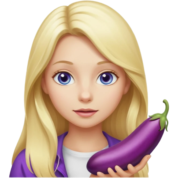 Blonde long hair girl, blue eyes, eating an eggplant emoji