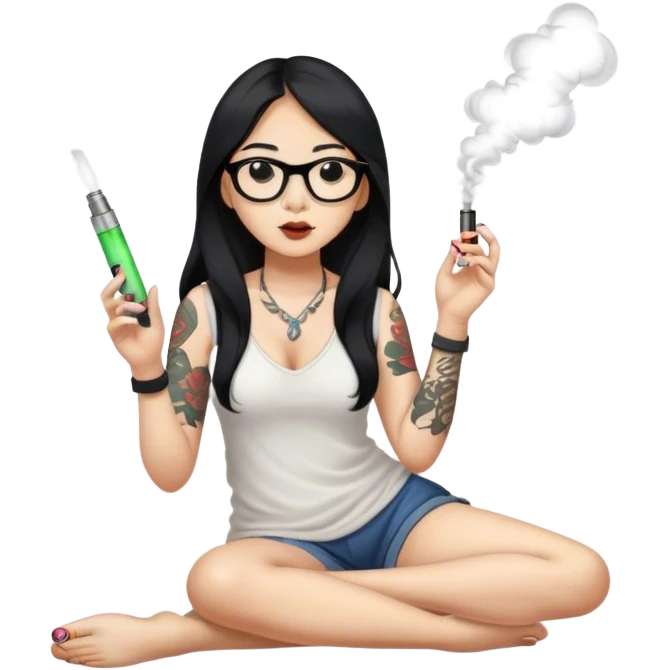 Black hair long hair Asian girl, wearing slippers, glasses, only one arm tattooed, smoking an e-cigarette emoji