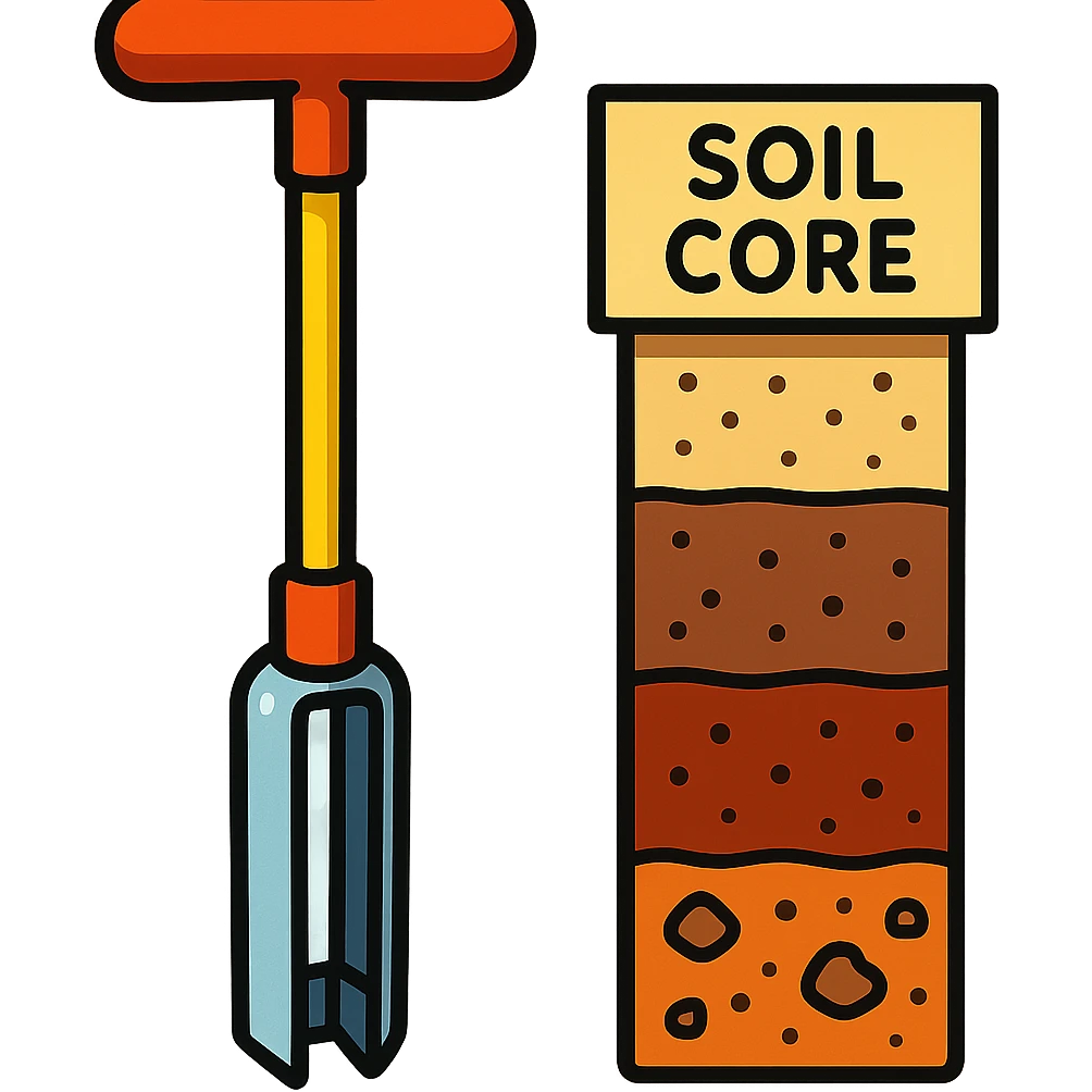 cartoon-style soil core sampler next to a labeled soil core sample, emphasizing the tool and the extracted soil, for carbon dating emoji