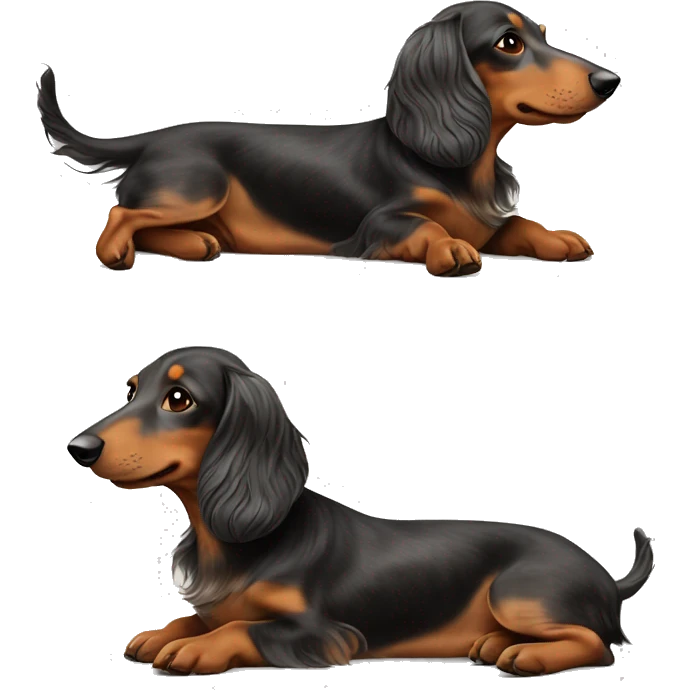 Laying On his back. Long haired dapple dachshund, tan, gray & black. Full body  emoji