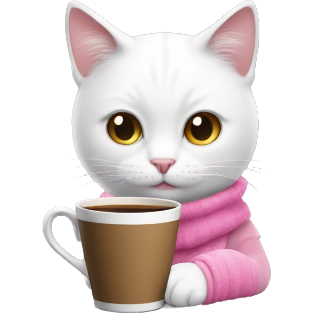 White cat drink coffee with pink stanley emoji