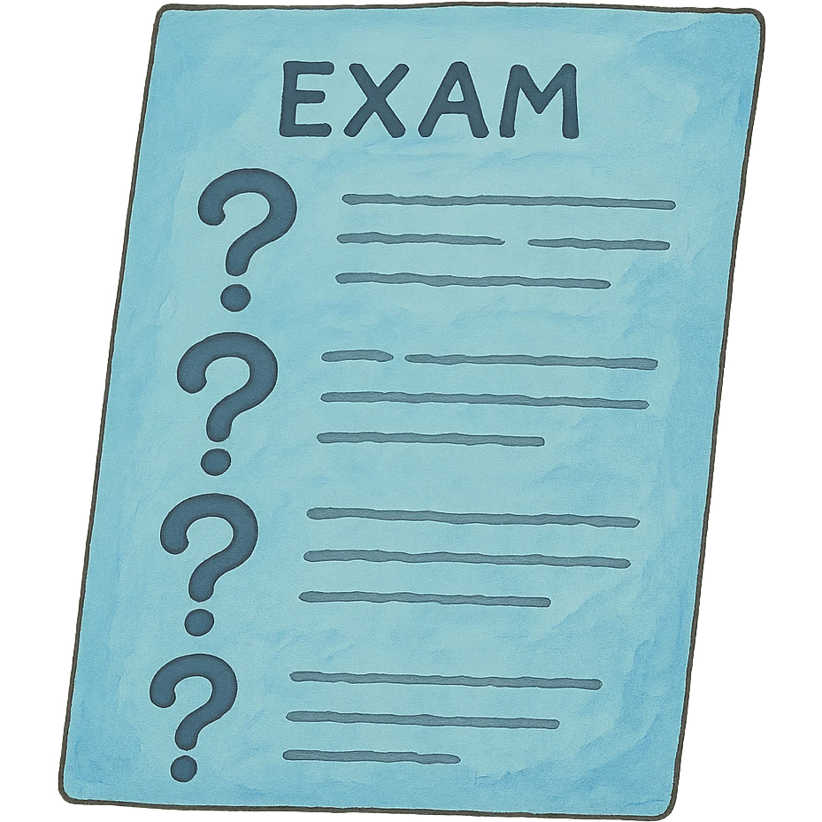 ghibli style blue exam with question marks emoji