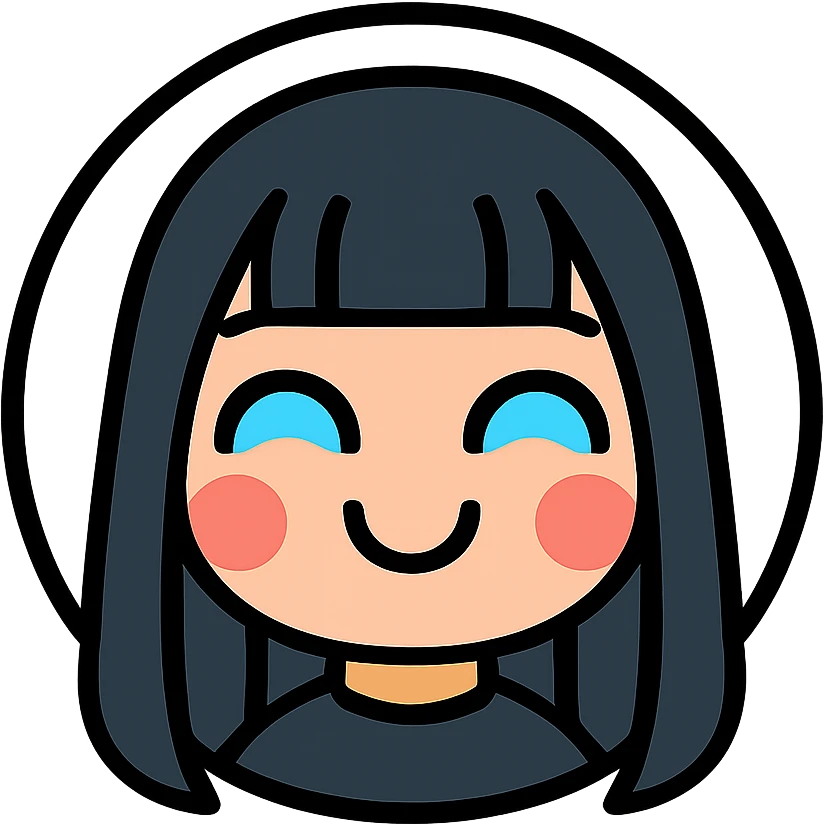 chibi cyberpunk girl with long straight black hair, large glowing neon-blue anime eyes, light peach skin, round face, small nose, soft cheeks, thin black line art, happy expression with big joyful smile, closed upside-down U-shaped eyes, cheeks puffed, bubbly glowing look, inside a thin black circle, pure white background emoji