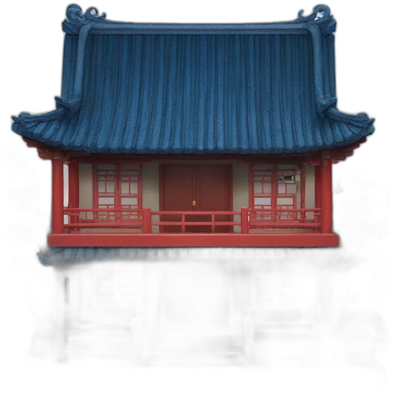 the front facade of a small Chinese-style house with a blue roof and red wooden structures emoji