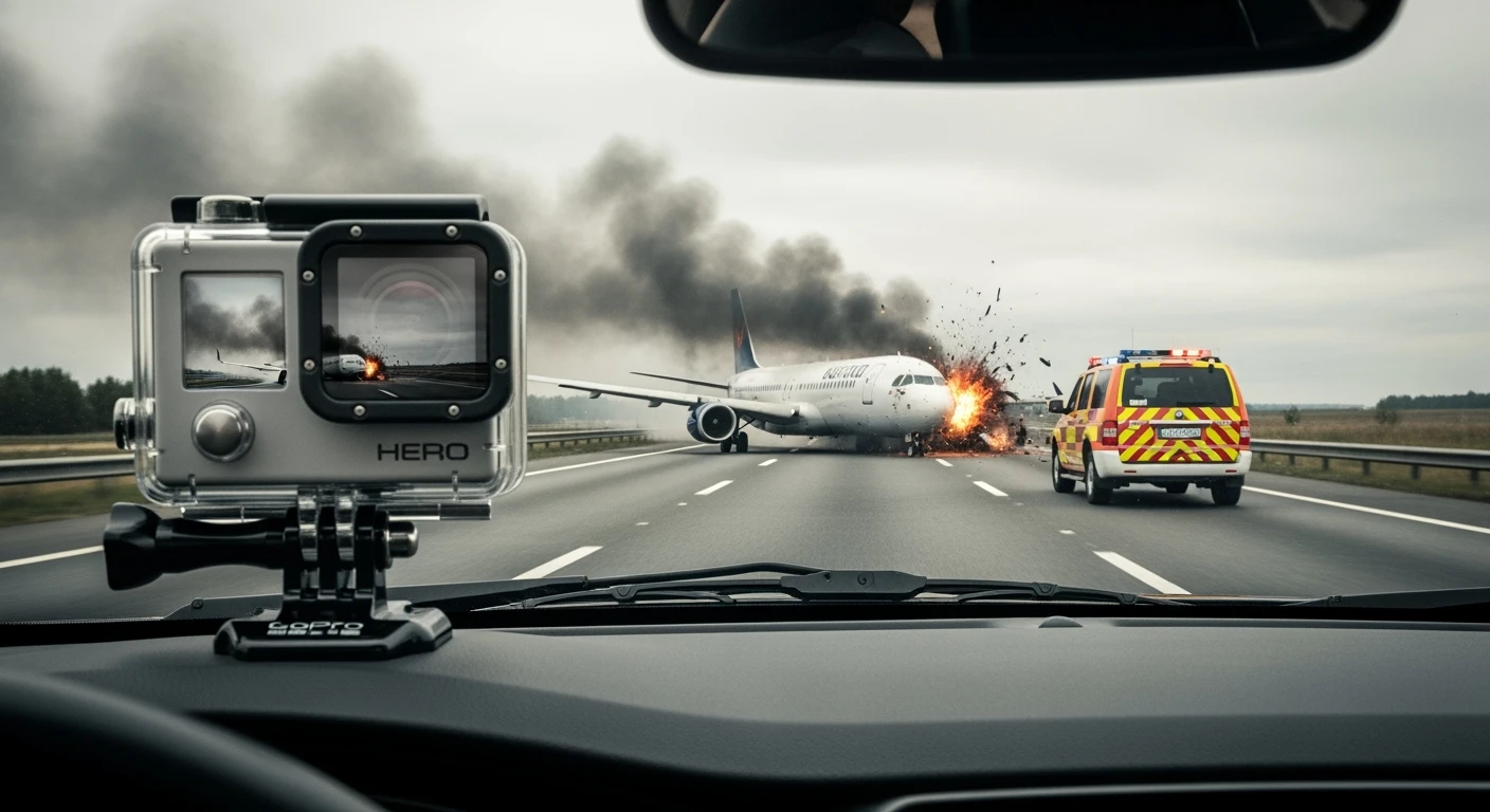 Cinematic still of a plane crash on highway, captured by gopro hero]\ emoji