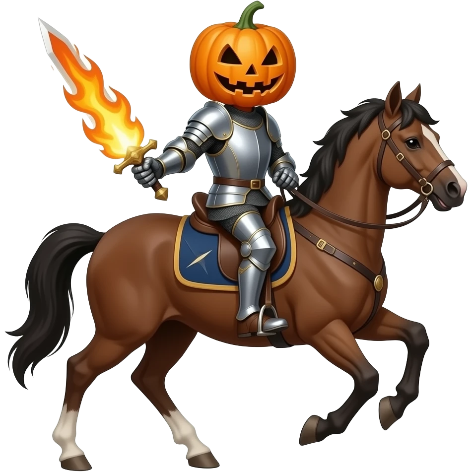 Knight riding a horse with a flaming sword and his head is a pumpkin emoji