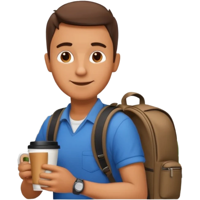 man with cup of coffee and backpack on the back. Eiffel tower on the background emoji