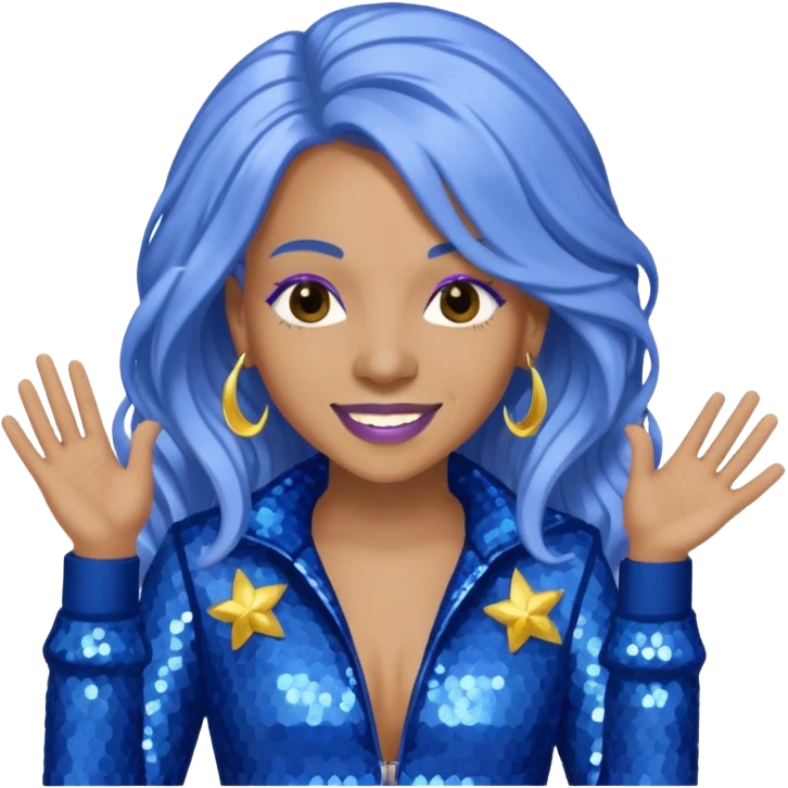 Spice, Dancehall Singer with long periwinkle hair, blue sequin outfit emoji