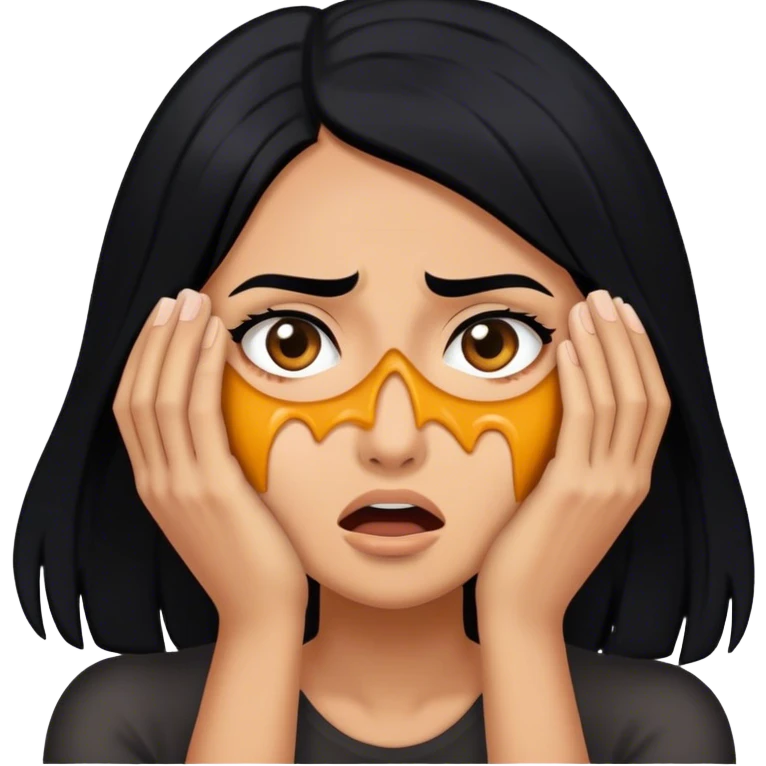 Woman shielding her face in fear with black hair emoji